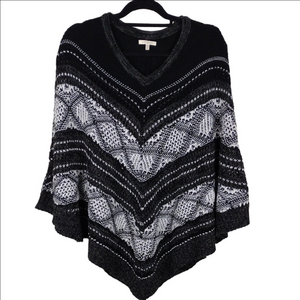 Kate & Sam Black White Open Knit V-Neck Batwing Sleeve Pullover Poncho Sweater